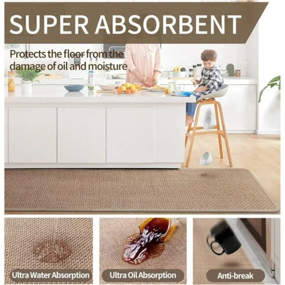 New 17 x 30In Non-Slip Kitchen Rug, Washable Absorbent Brown Floor Mat for Home
